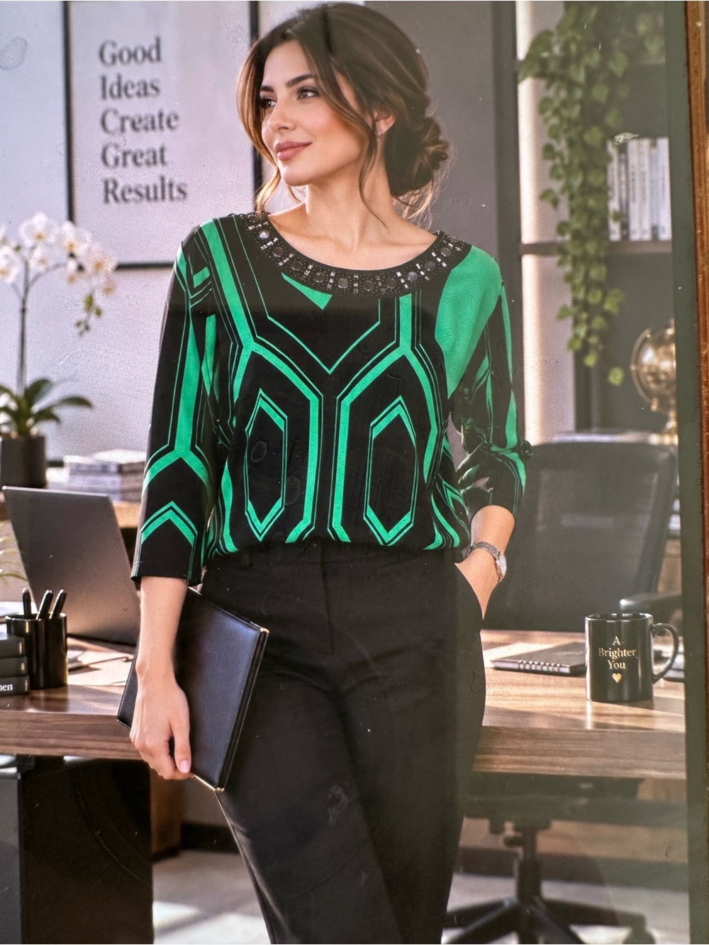 Cato Embellished Geometric Green & Black Women's Top